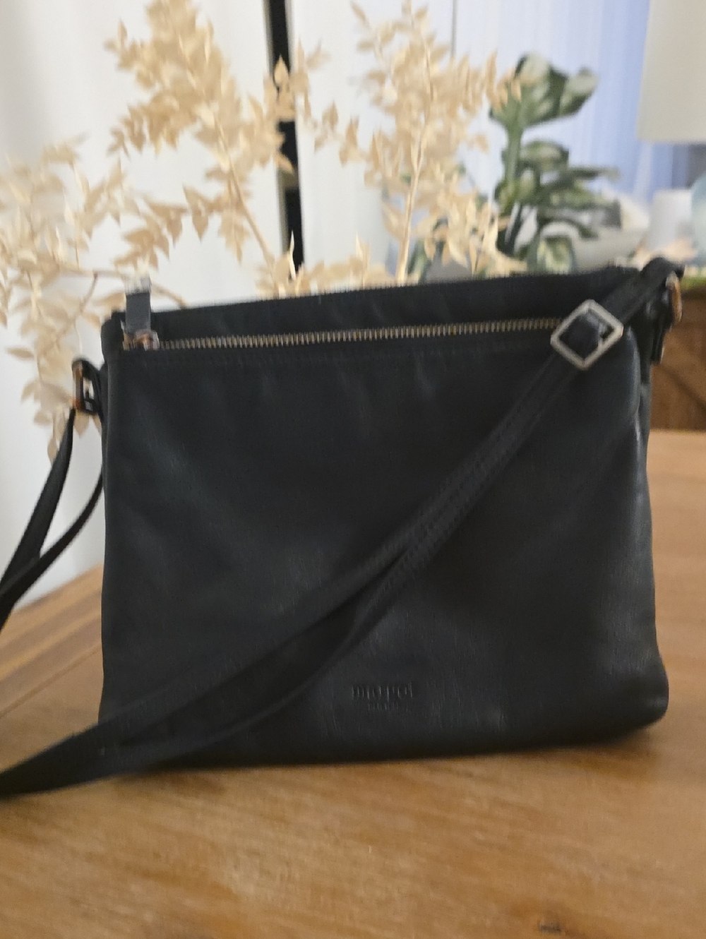 Margot New York Black Leather Crossbody with Gold-Tone Zip